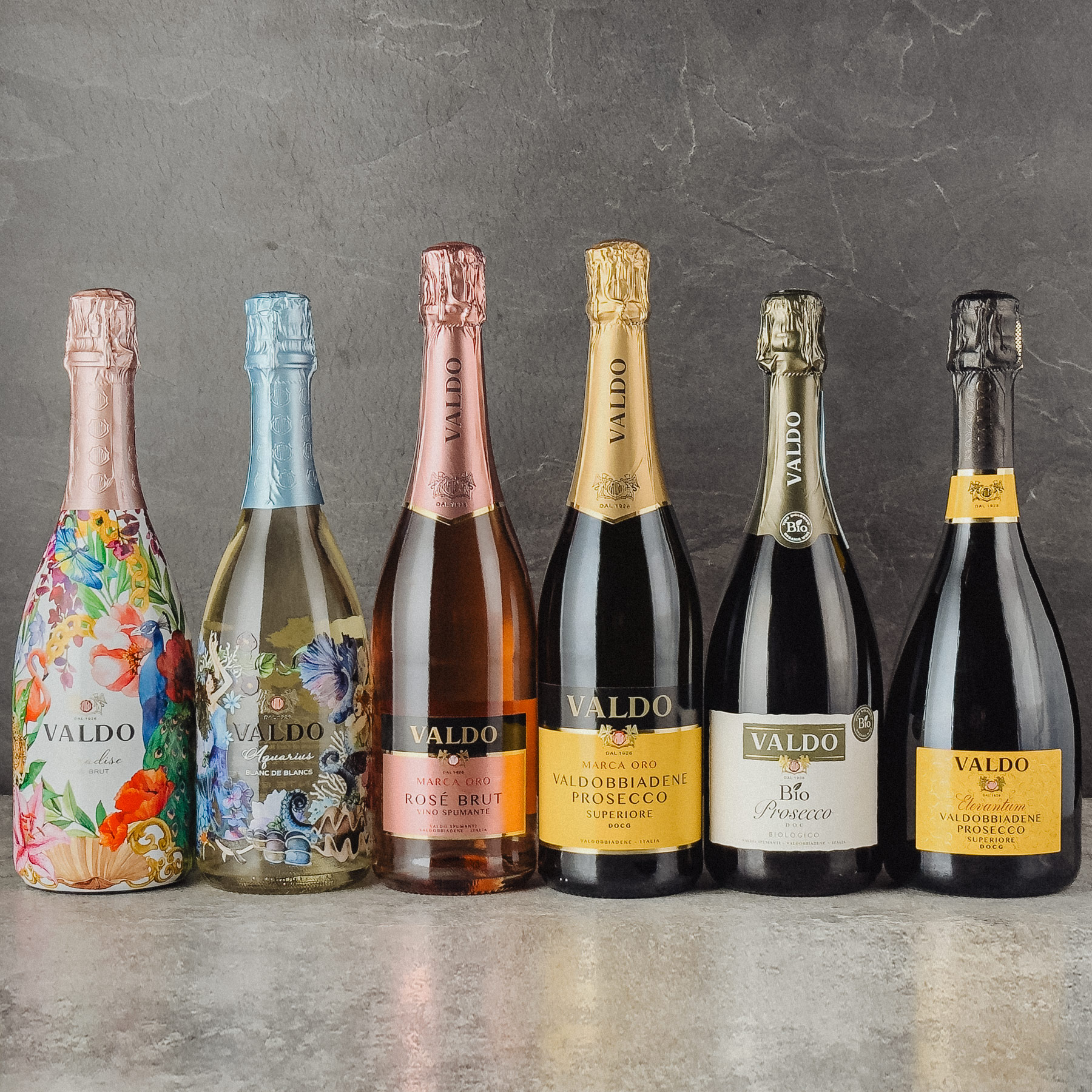 Probierpaket Valdo Prosecco aus Venetien (6 x 0,75l) mit Valdo Flaschenverschluss